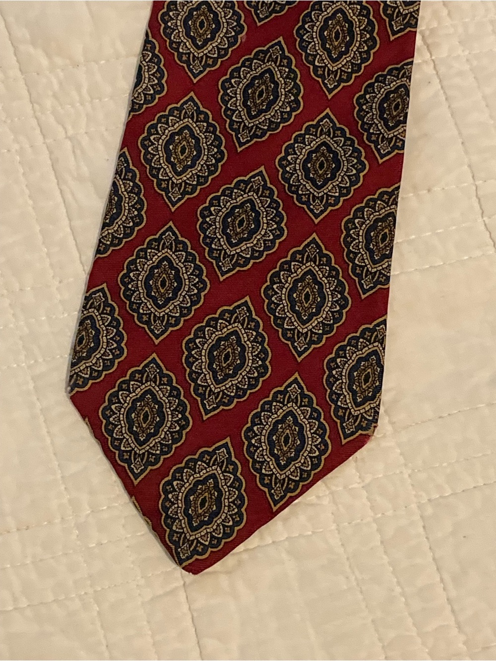 Christian Dior Burgundy Red Silk Tie with Navy and Gold Medallions